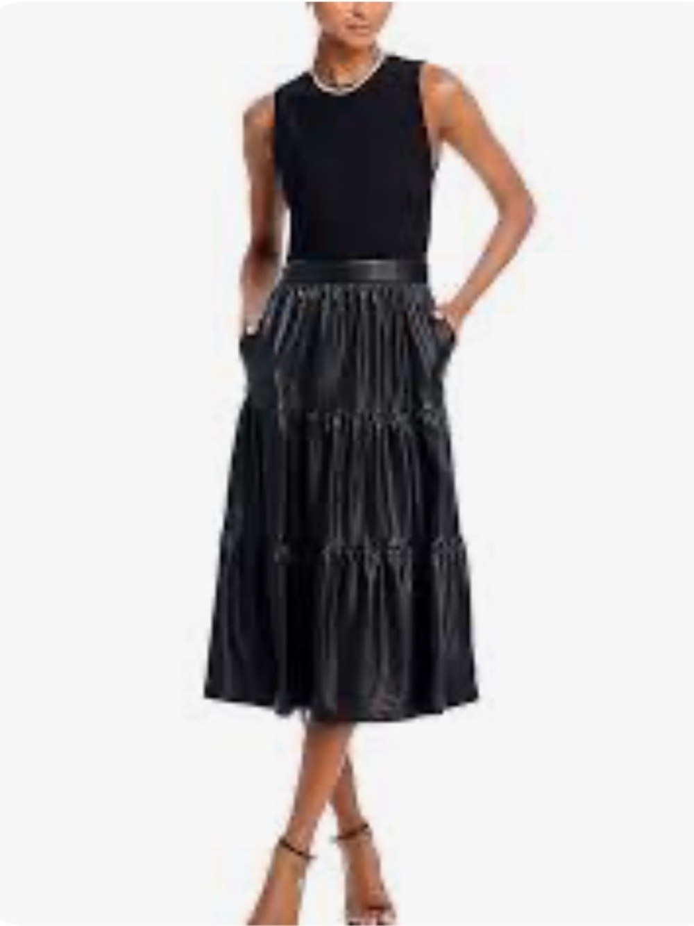Alice + Olivia  Black Chara Sleeveless Tiered Vegan Leather Midi Dress Sz8 New